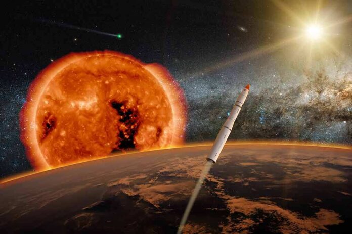 rocket launching above a planet toward a bright sun