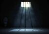 Empty prison cell with light beams through a small barred window