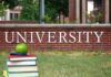 China Cash Trail Snags Elite Campuses Stack of books with apple in front of university sign