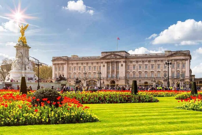 Buckingham Palace with Victoria Memorial and flower gardens