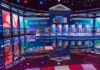 Shock Praise: Democrat Boosts Trump At GOP Event Televised debate stage with multiple podiums and bright red, white, and blue lighting