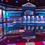 Televised debate stage with multiple podiums and bright red, white, and blue lighting