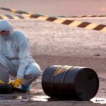 Sickened Town Targets Landfill Giant Hazmat worker kneeling near a fallen barrel at a cordoned-off site