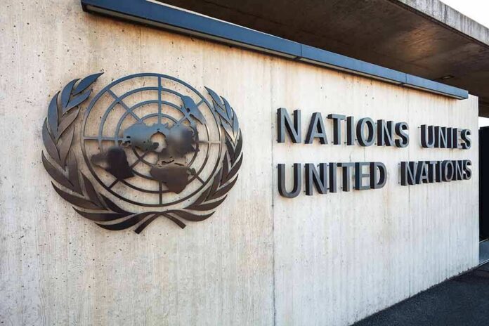 shutterstock_1838738371 United Nations emblem and signage on a concrete wall