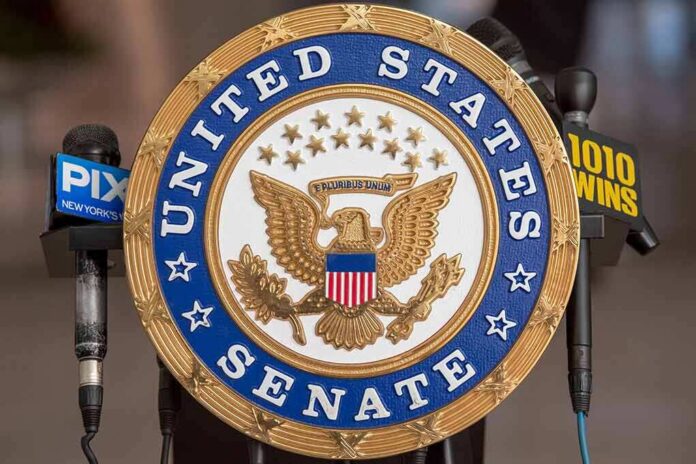 United States Senate seal at a podium