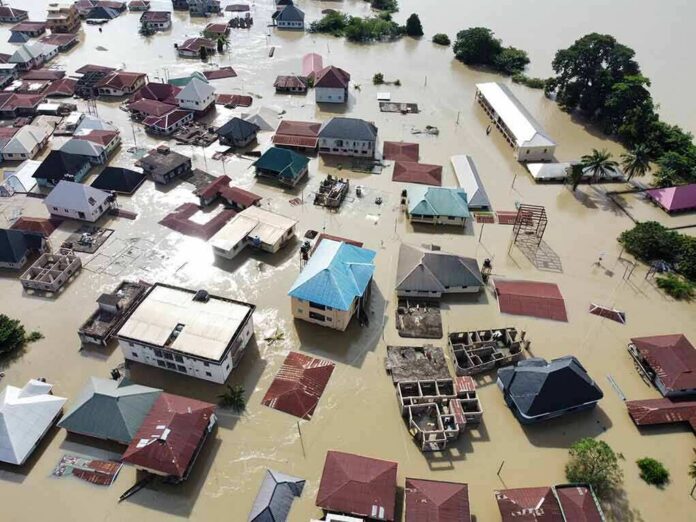 Aerial view of flooded residential neighborhood