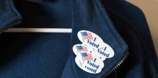Jacket with I Voted stickers on the collar