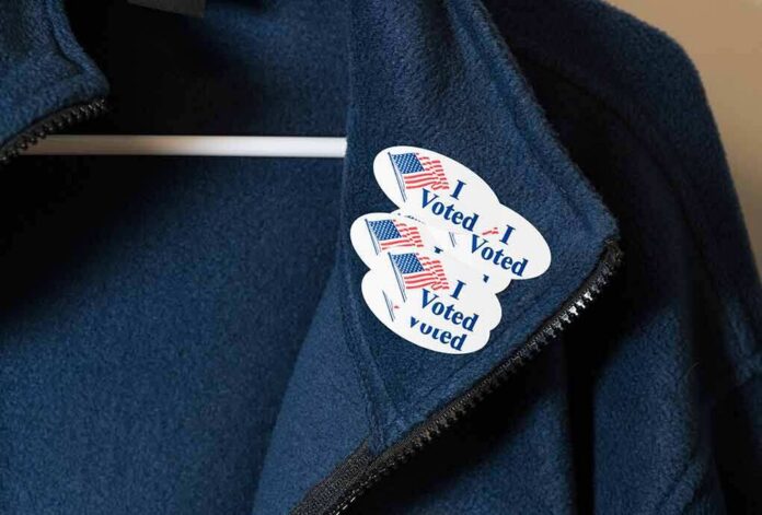 shutterstock_524565115 Jacket with I Voted stickers on the collar