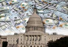 Flood Of Musk Millions Rewires Texas U.S. Capitol building with overlay of hundred-dollar bills