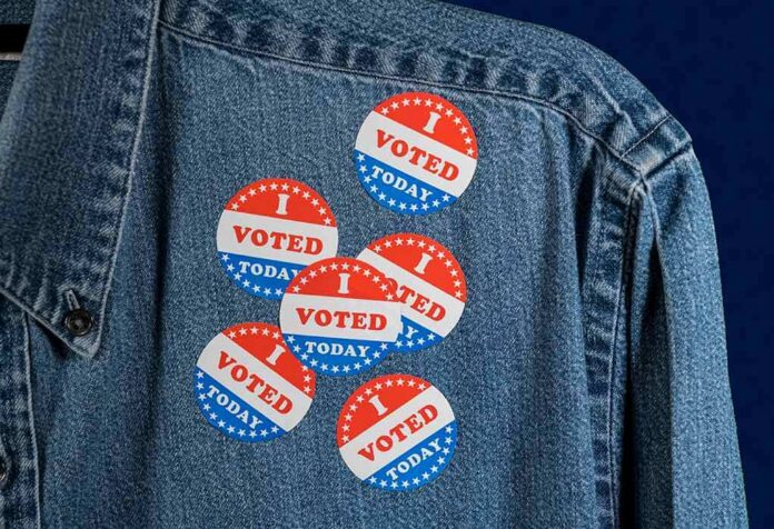 shutterstock_1201224016 denim jacket with multiple red white and blue voting stickers