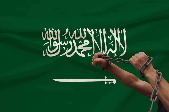 shutterstock_1478083460 Hands breaking chains over a green flag with Arabic script and a sword