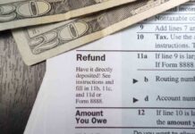 Close-up of tax refund form with cash on a wooden surface