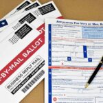 Judges Rewrite Abortion Battle Lines Vote-by-mail ballot envelopes and application form with pen