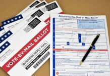 Vote-by-mail ballot envelopes and application form with pen