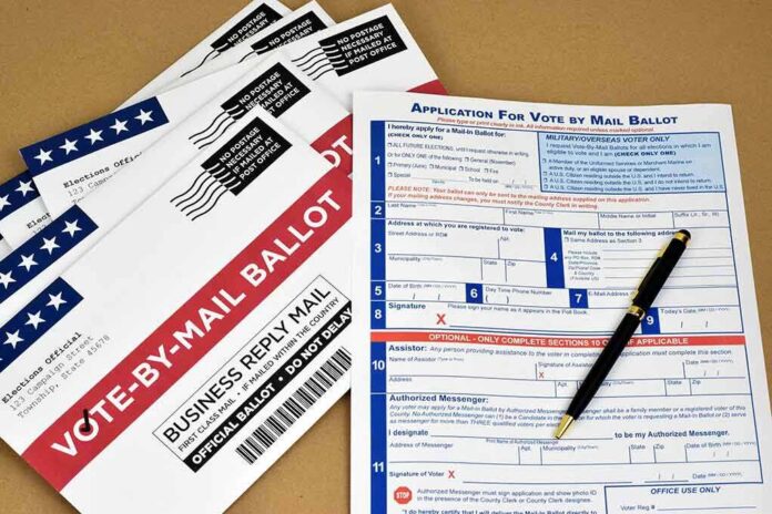 shutterstock_1770204818-1 Vote-by-mail ballot envelopes and application form with pen