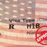 Layoff Red Flags Trigger H‑1B Heat H1B visa document with U.S. flag overlay and red Approved stamp