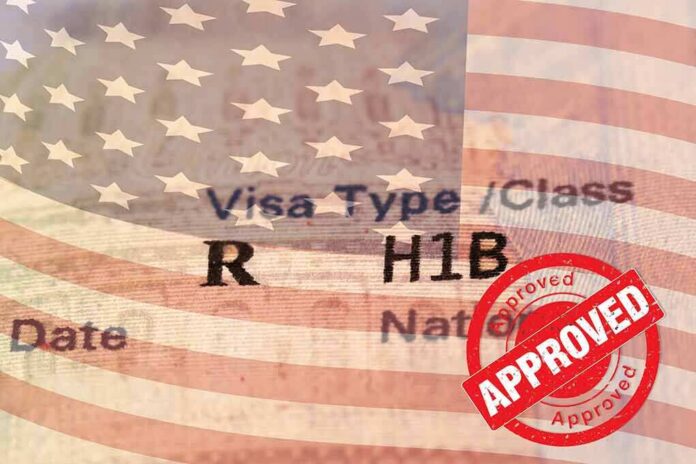 H1B visa document with U.S. flag overlay and red Approved stamp