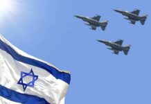 High-Stakes Huddle Before Israel’s Vote Israeli flag with three fighter jets flying overhead