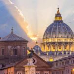 Vatican Reveals New Details About Pope St. Peter's Basilica dome at sunset with glowing sky