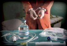 Florida Grants Inmate’s Chilling Request Medical vials and IV lines on a table with a handcuffed person in the background